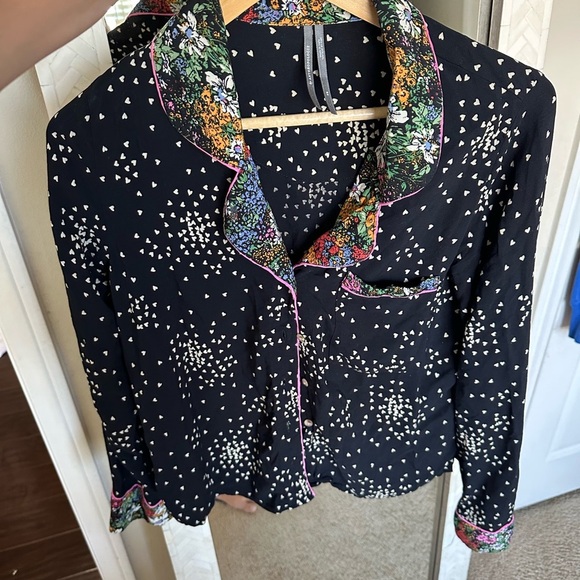 Anthropologie Boho Floral Trim Black Pajama Top - Picture 2 of 4